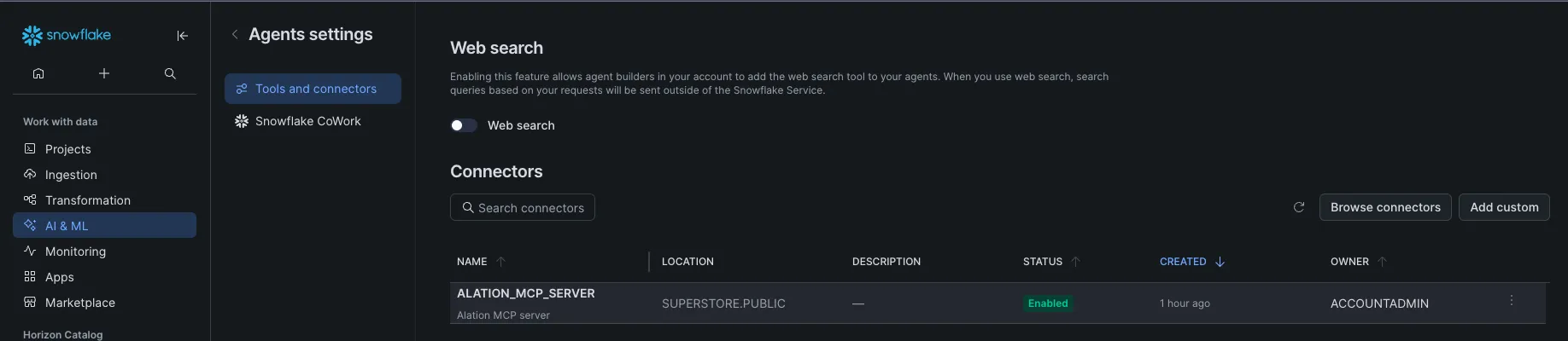 Snowsight Agents settings showing the Tools and connectors list with an Alation MCP server connector enabled