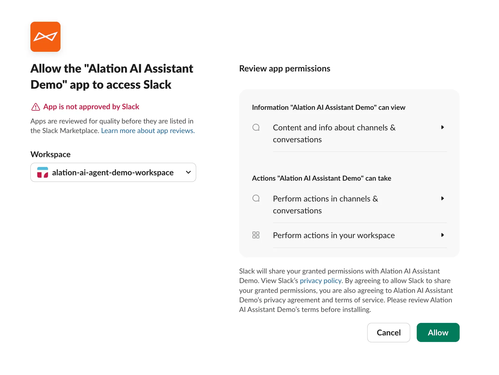 Slack OAuth permission screen