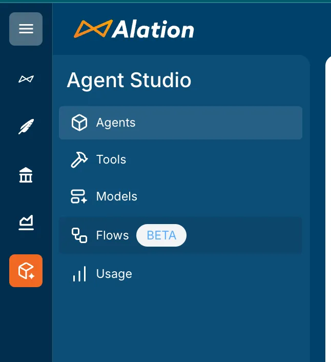 Agent Studio sidebar showing Flows menu with Beta tag