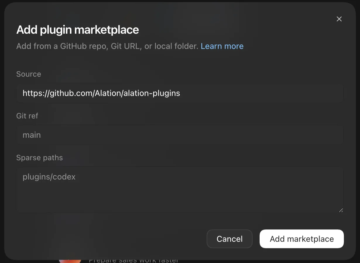 Add plugin marketplace modal with the Alation source, main ref, and plugins/codex sparse path