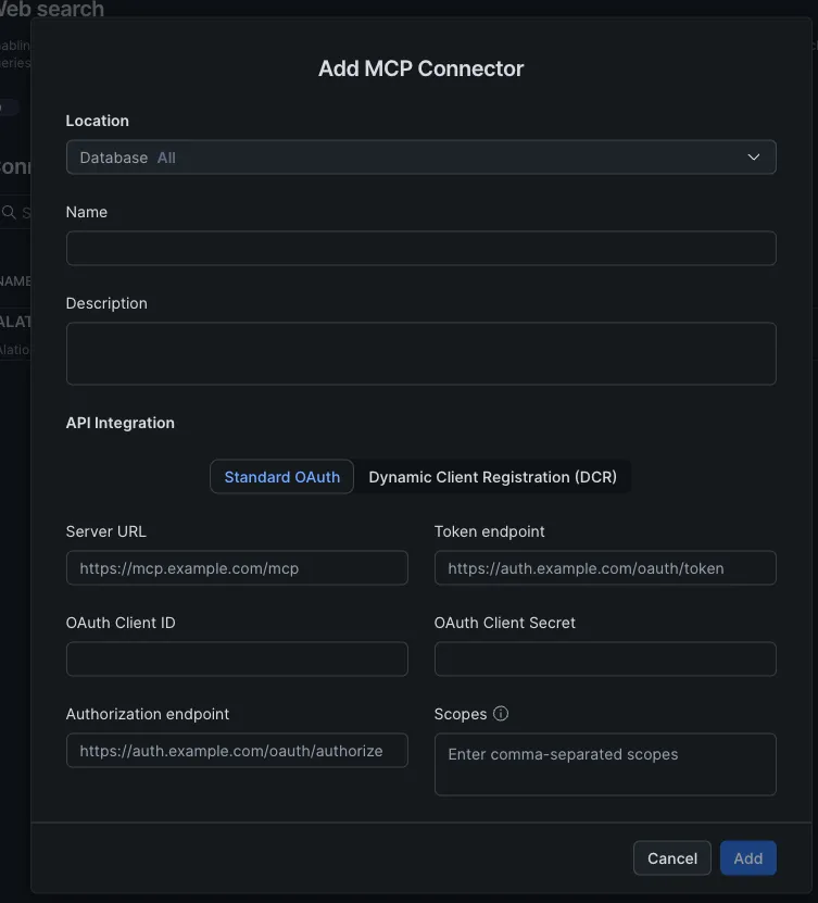 Add MCP Connector modal with fields for location, name, description, server URL, OAuth client, and endpoints