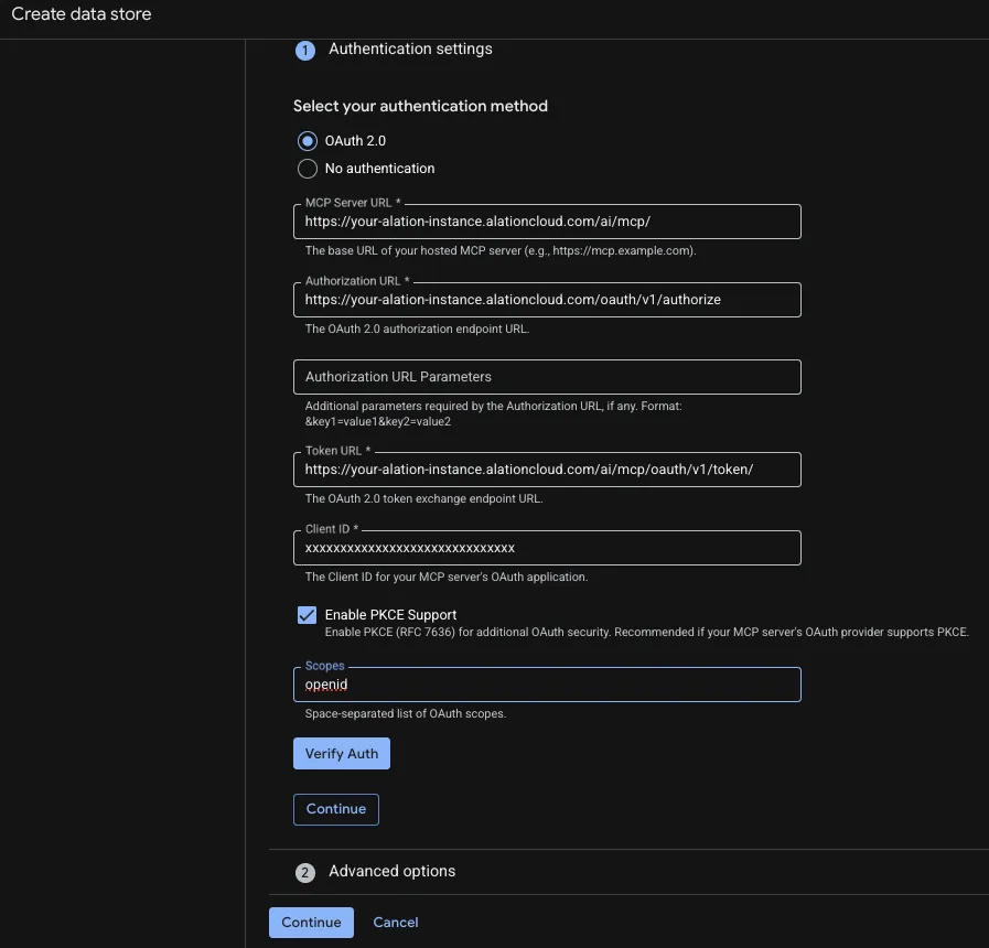 Gemini Enterprise Authentication Settings with OAuth 2.0 selected and the MCP server URL, authorization and token URLs, client credentials, scopes, and PKCE fields filled in