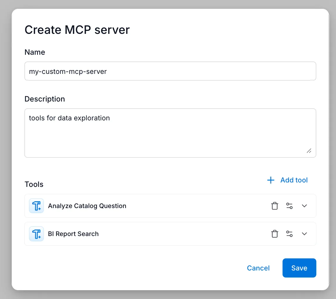 Create MCP server dialog with name, description, and a curated list of two tools