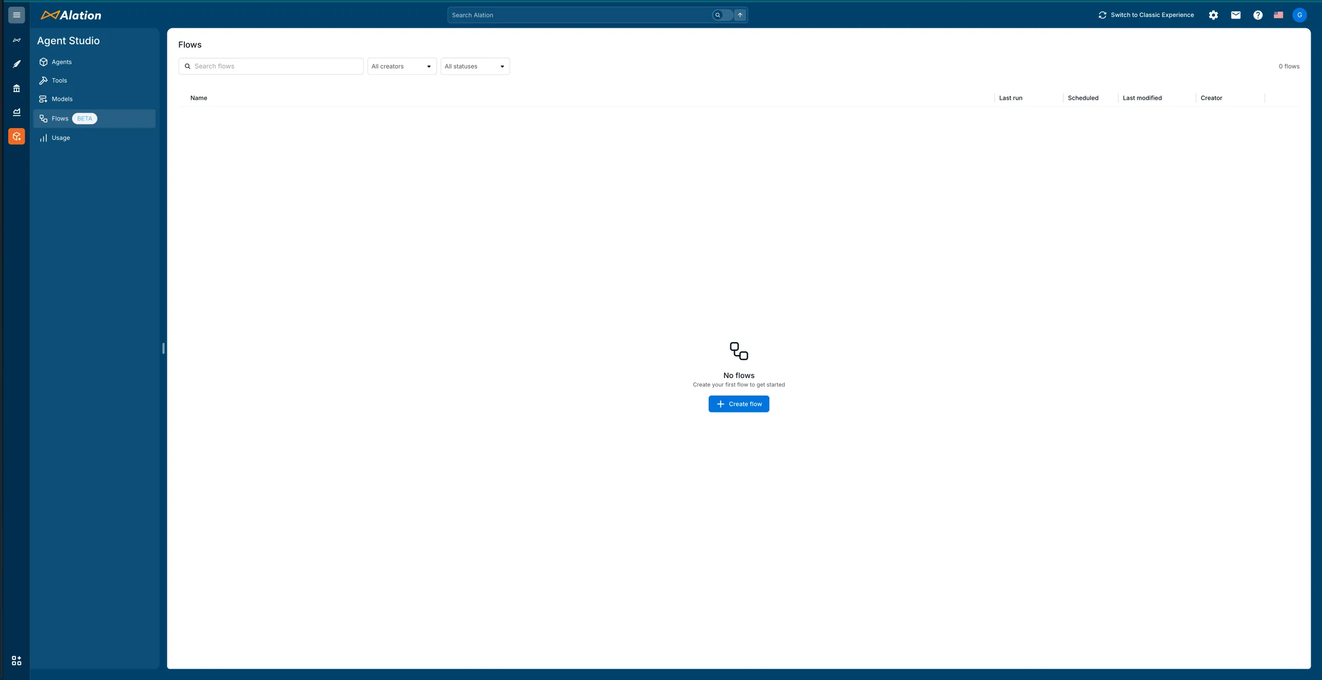 Empty flows list with Create flow button