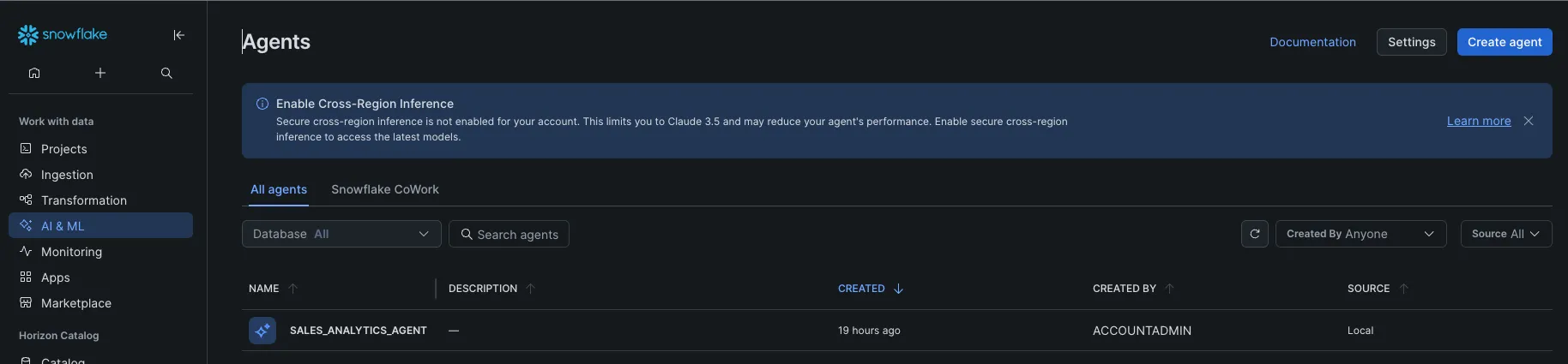 Snowsight Agents page with the Create agent button