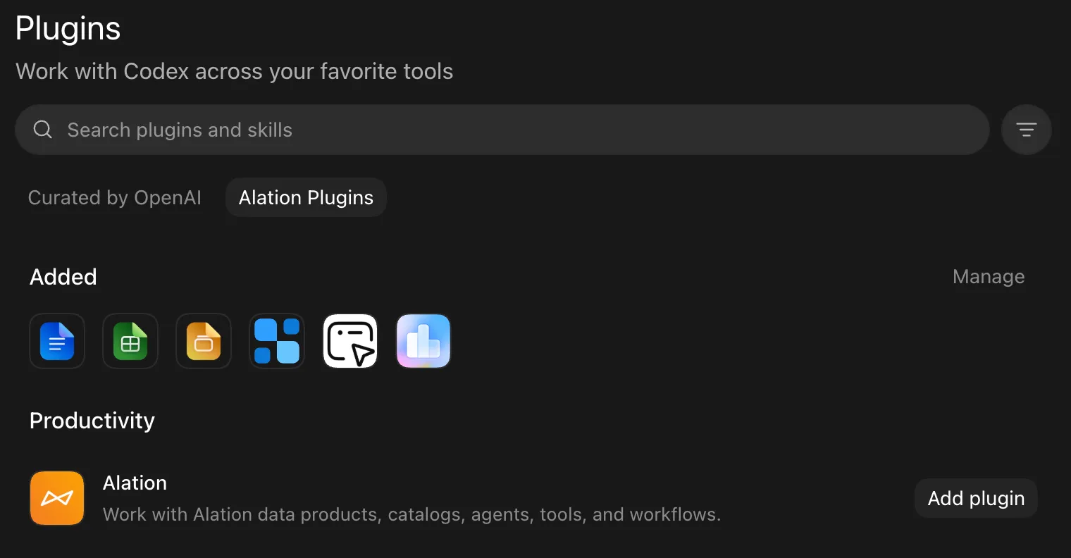 Alation Plugins tab showing the Alation plugin under Productivity with an Add plugin button