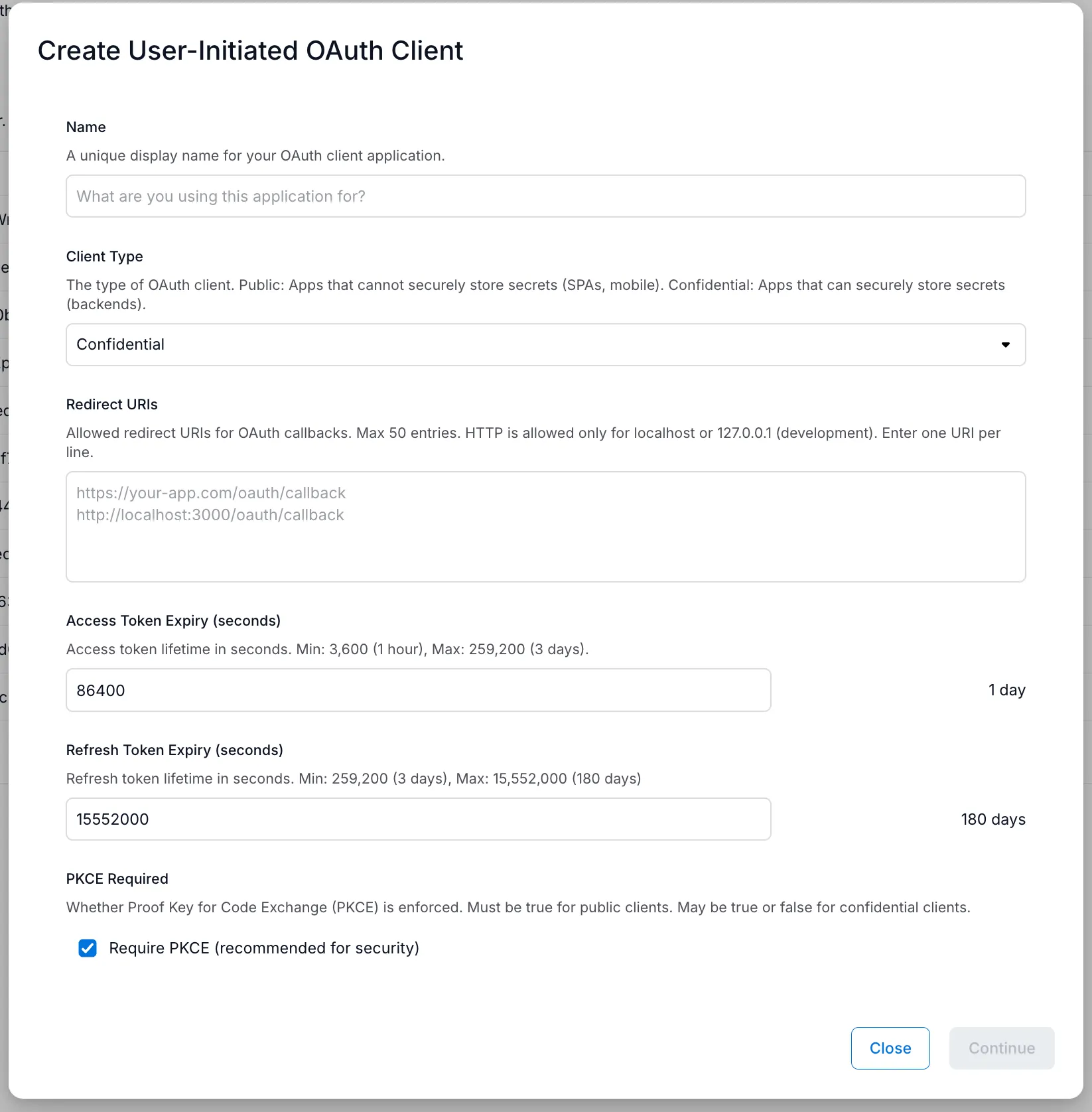 Create User-Initiated OAuth Client form with fields for name, client type, redirect URIs, token expiry, and PKCE