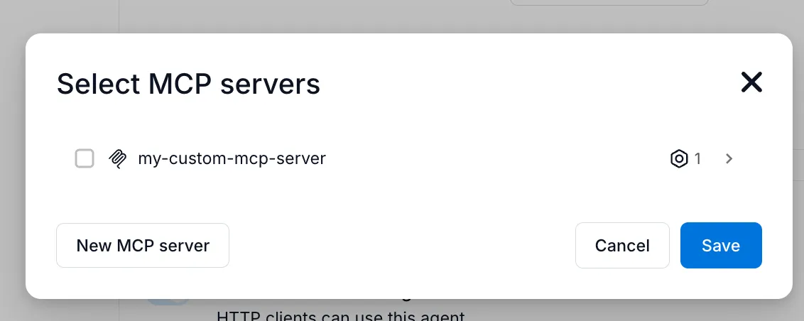 Select MCP servers dialog listing a custom server with a tool count