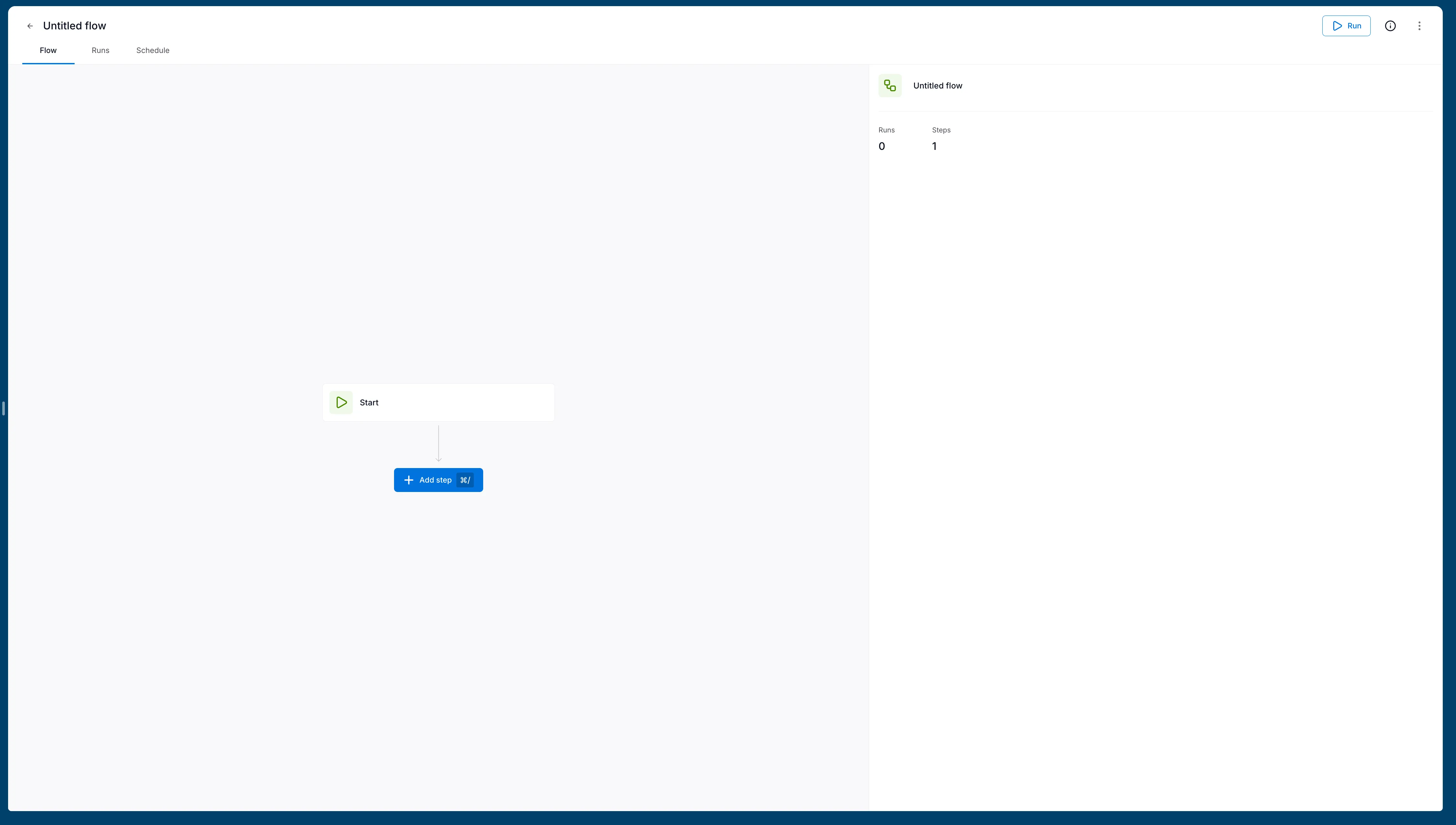 New flow editor with Start node and Add step button