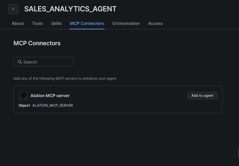 Agent MCP Connectors tab listing the Alation MCP server with an Add to agent button