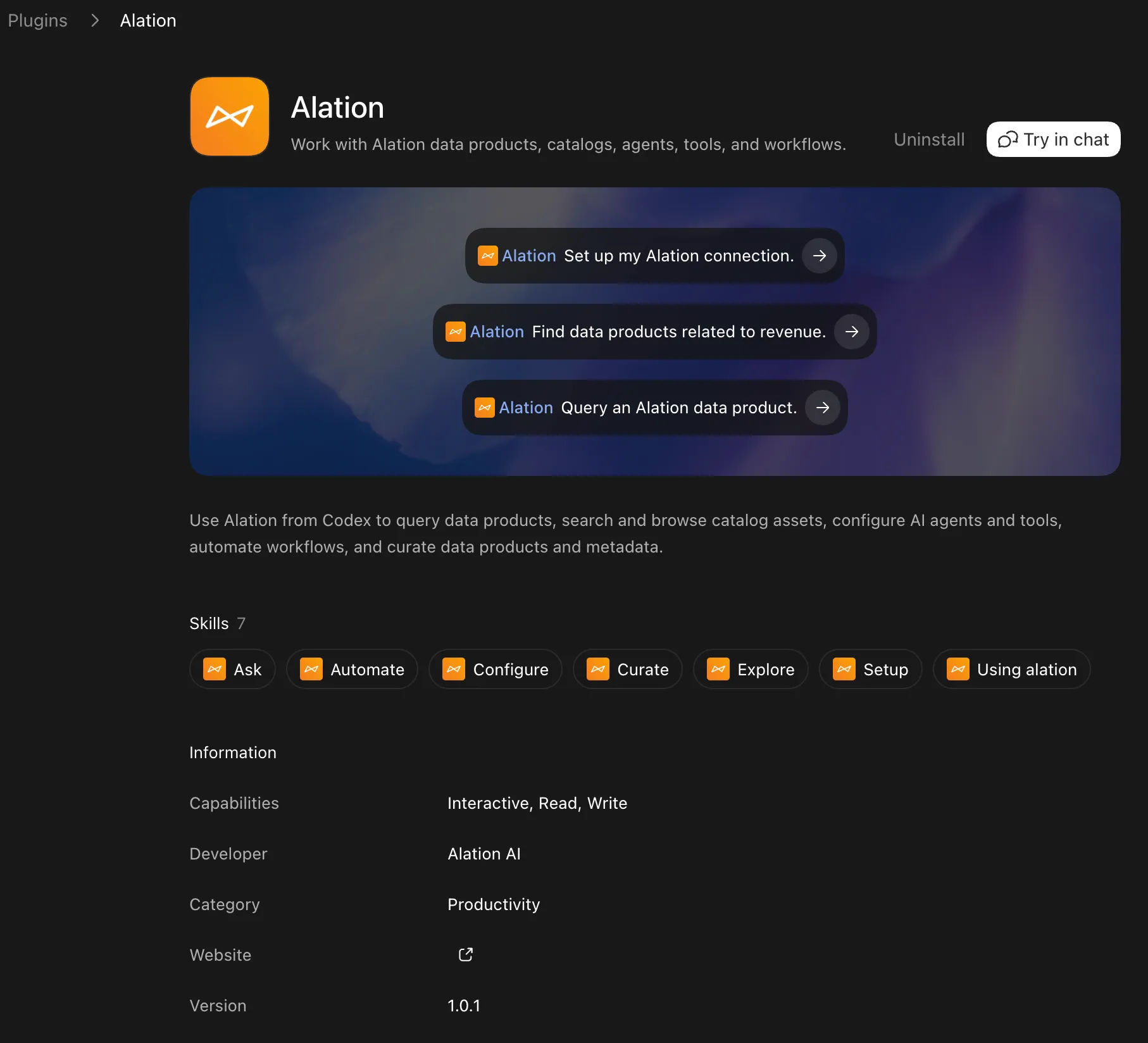 Alation plugin detail page listing the Ask, Automate, Configure, Curate, Explore, and Setup skills