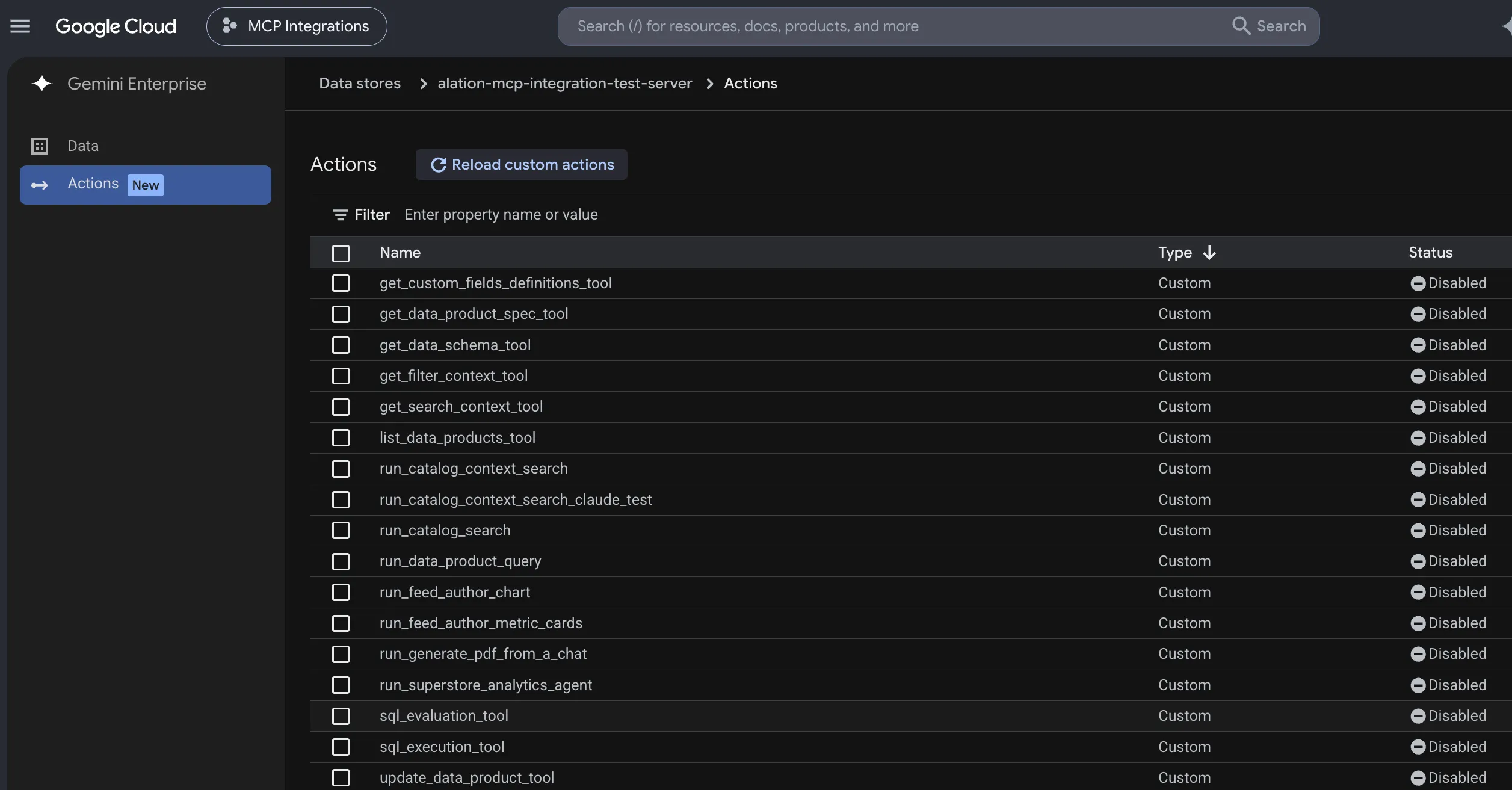 Custom MCP server actions list with actions loaded and in Disabled state