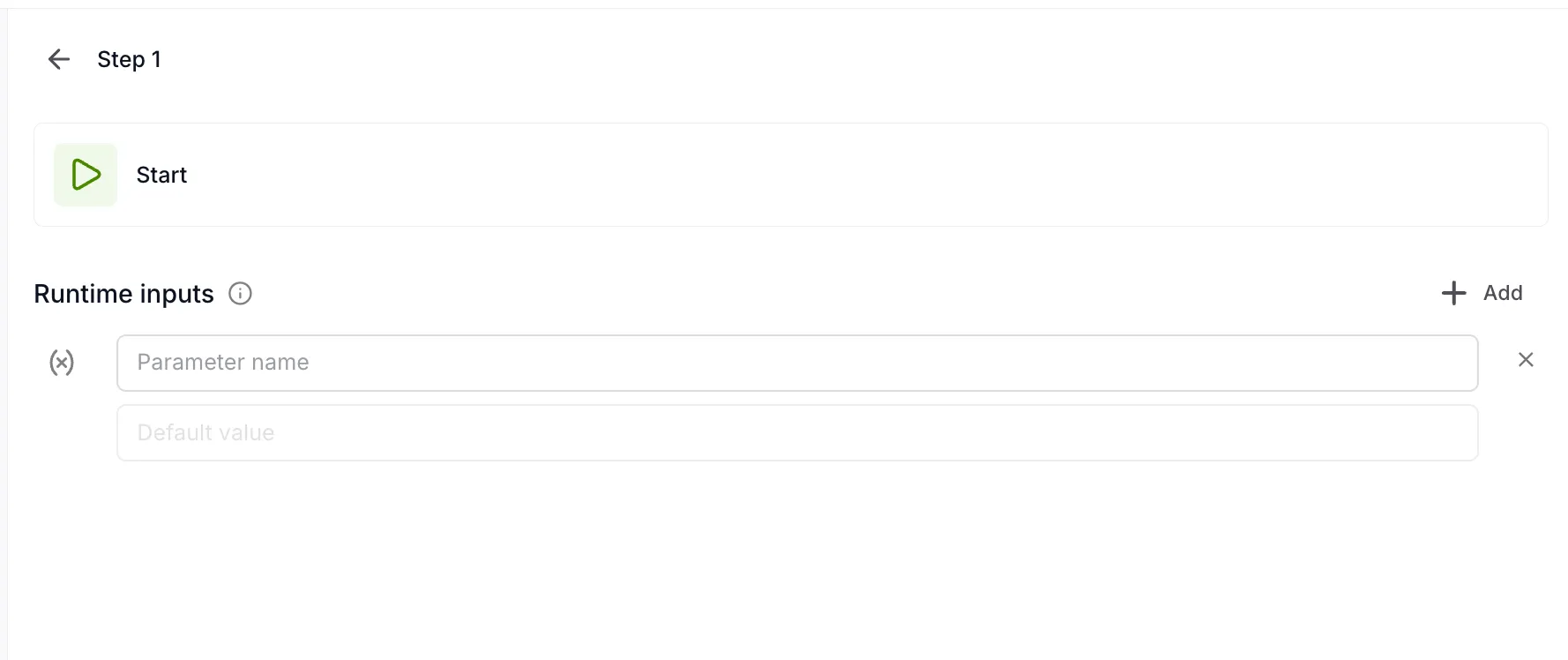 Start step showing Runtime inputs configuration