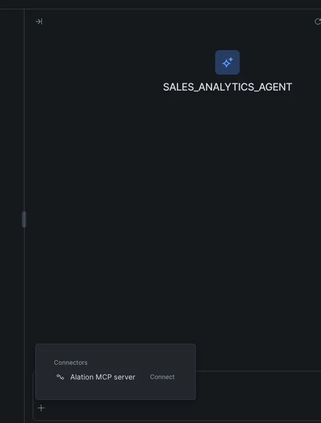 Agent chat window showing the Alation MCP server in the Connectors list with a Connect button