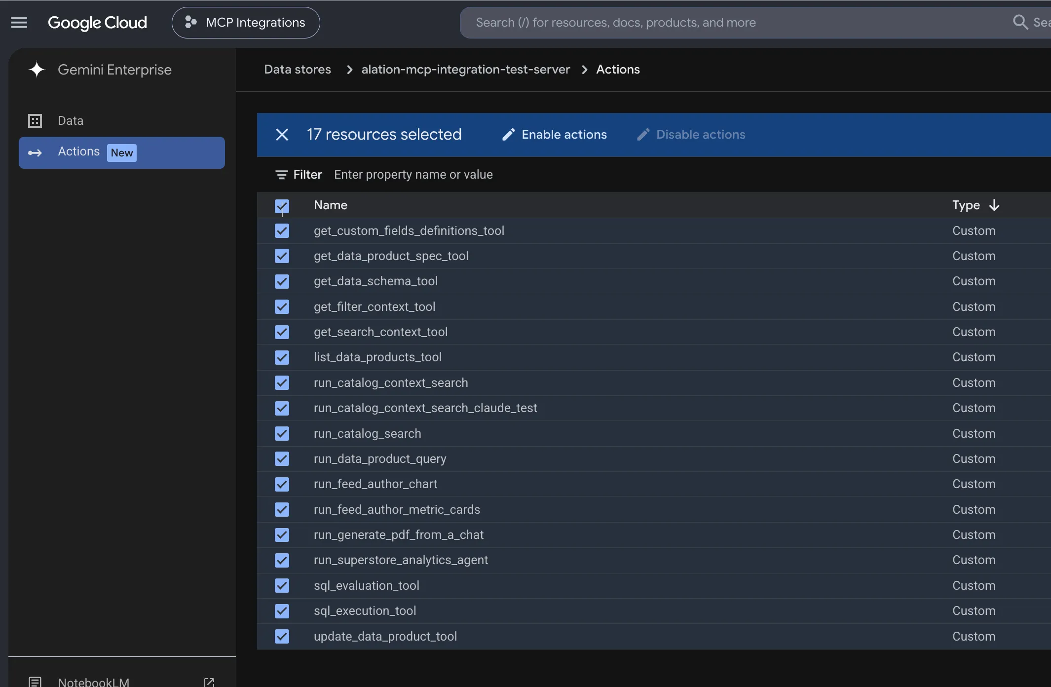 Custom MCP server actions list with disabled actions selected and the Enable Actions button