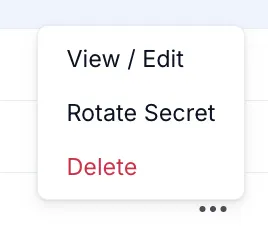 Context menu on an OAuth client row showing View/Edit, Rotate Secret, and Delete options