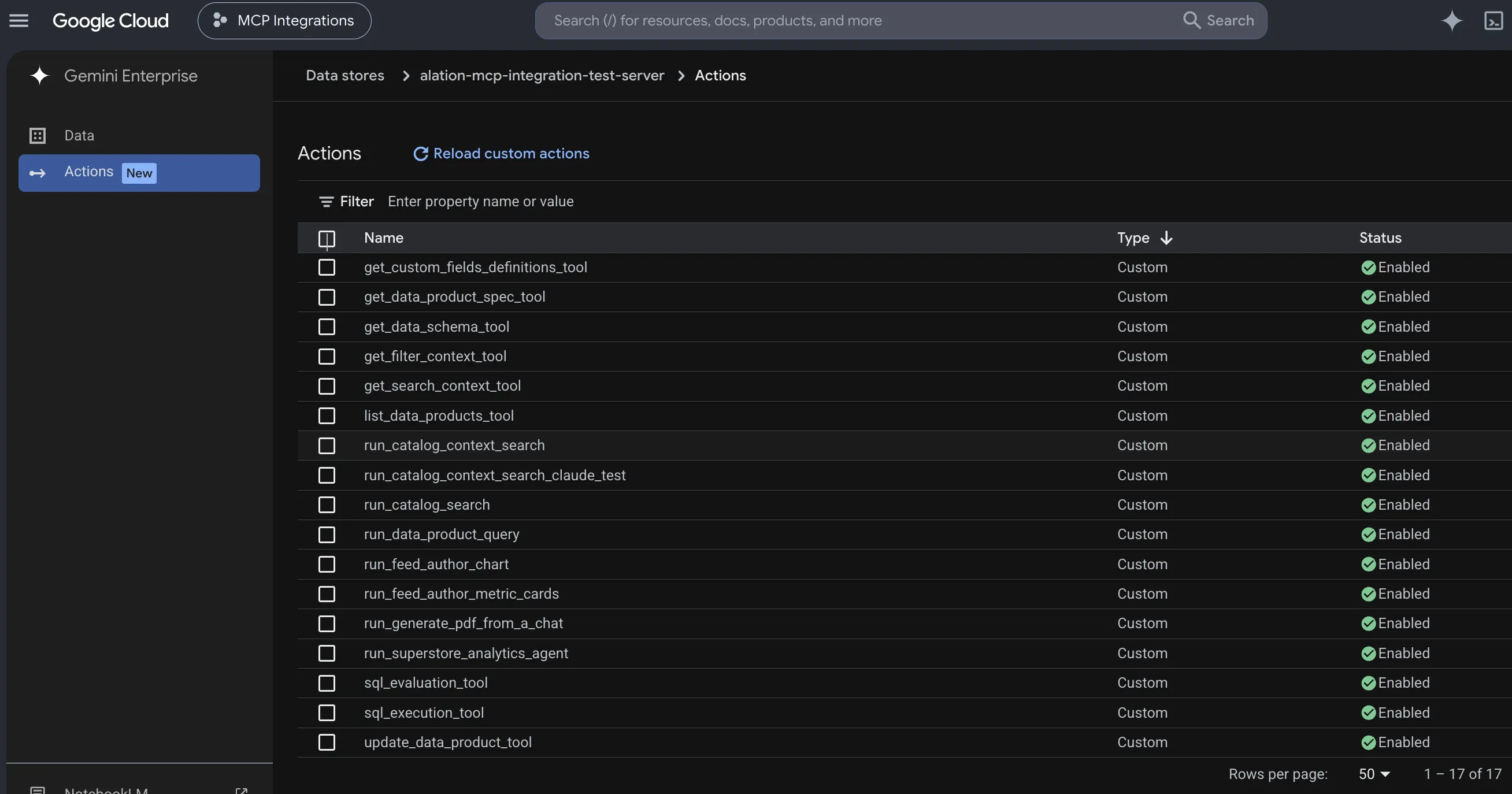 Custom MCP server with actions enabled