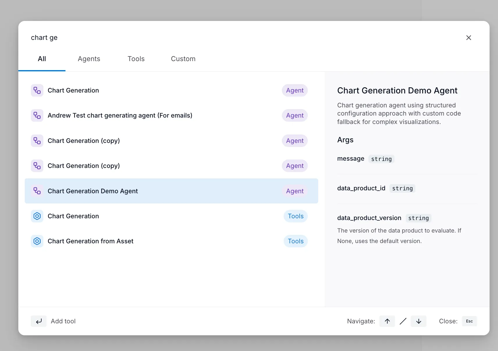 Step selector showing available agents and tools