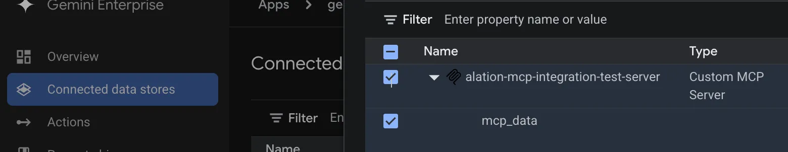 App Connected data stores tab with the Add existing data stores dialog listing the Alation MCP server
