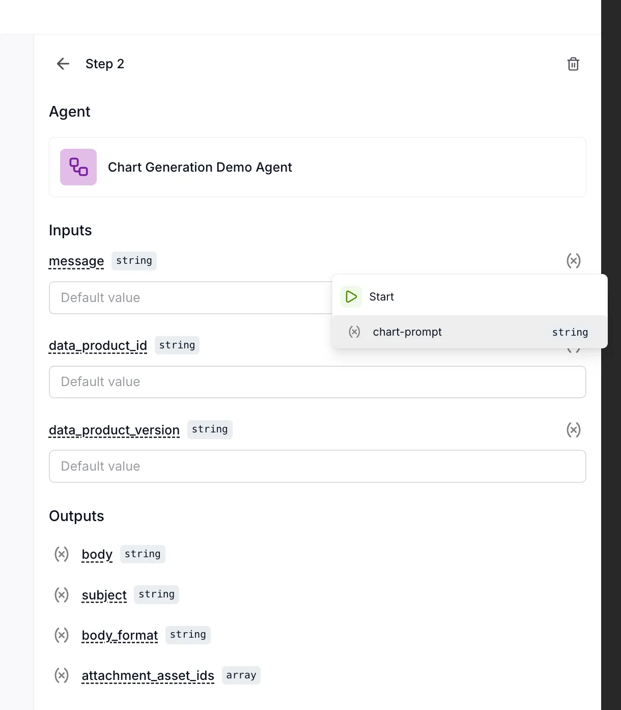 Dropdown showing available variables from previous steps