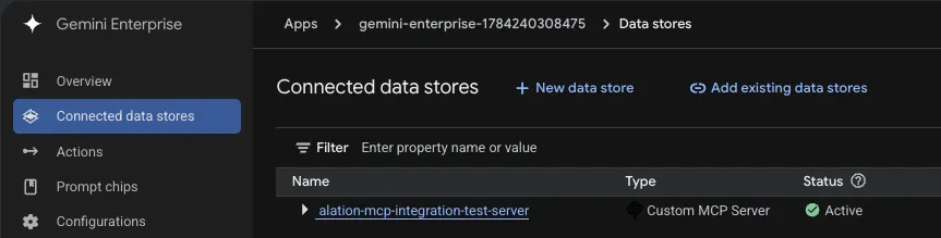 App Connected data stores tab with the added MCP server shown Active