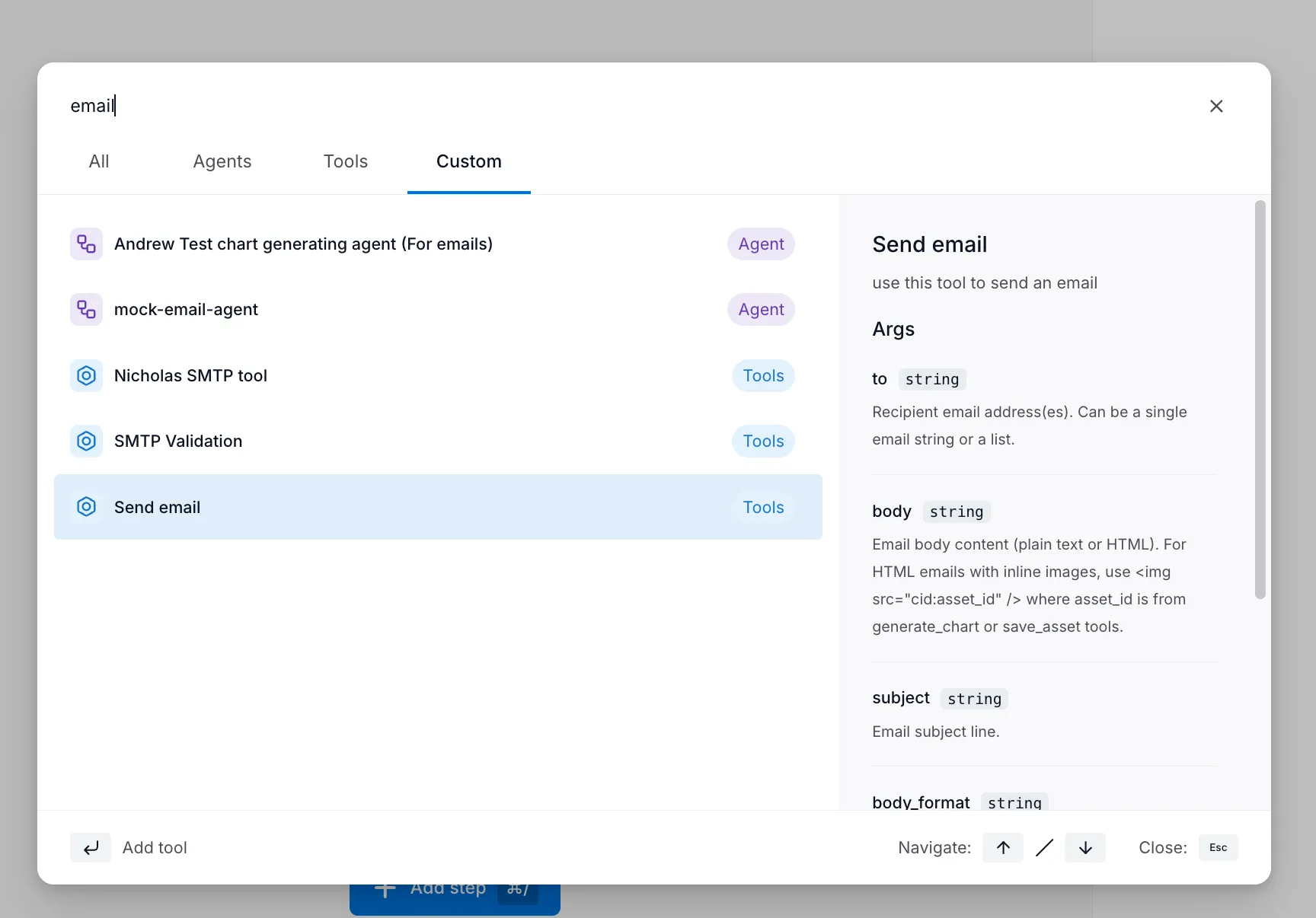 Tool selector showing Send email tool