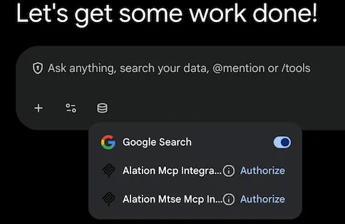 Gemini Enterprise chat Connectors panel showing the Alation MCP server with an Authorize button