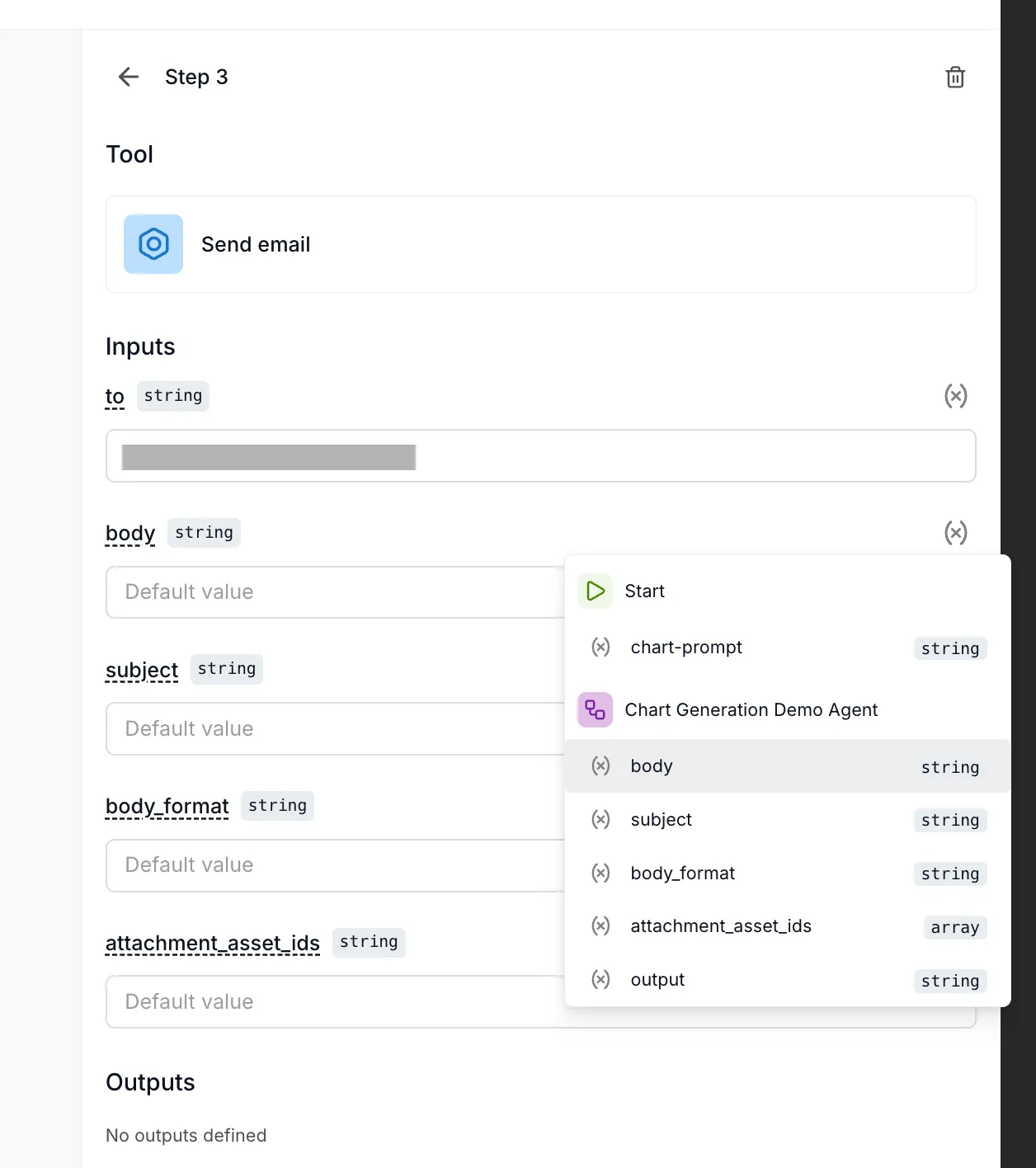 Email step showing variable dropdown with all available outputs