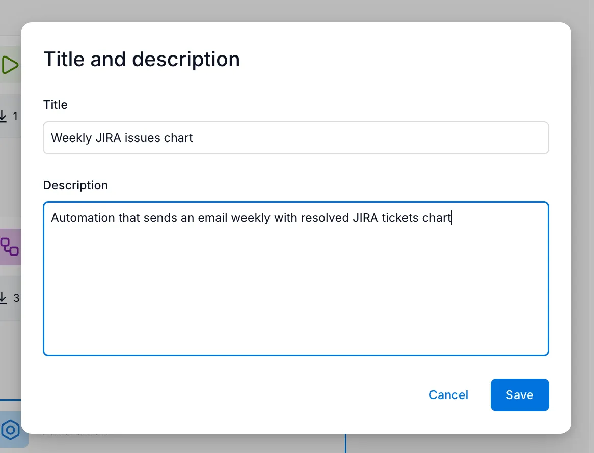 Title and description dialog for the flow