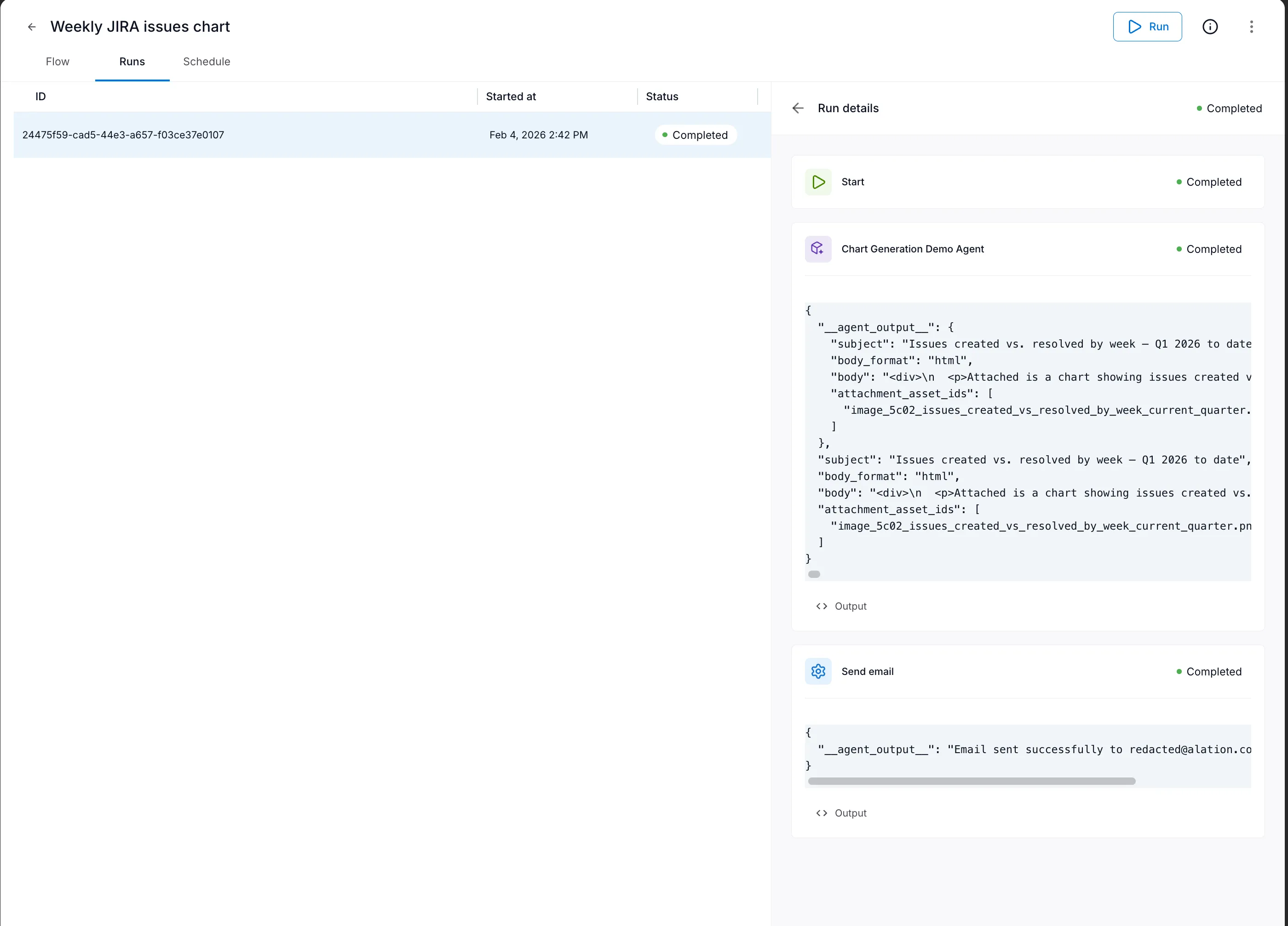 Completed flow run with expanded output details