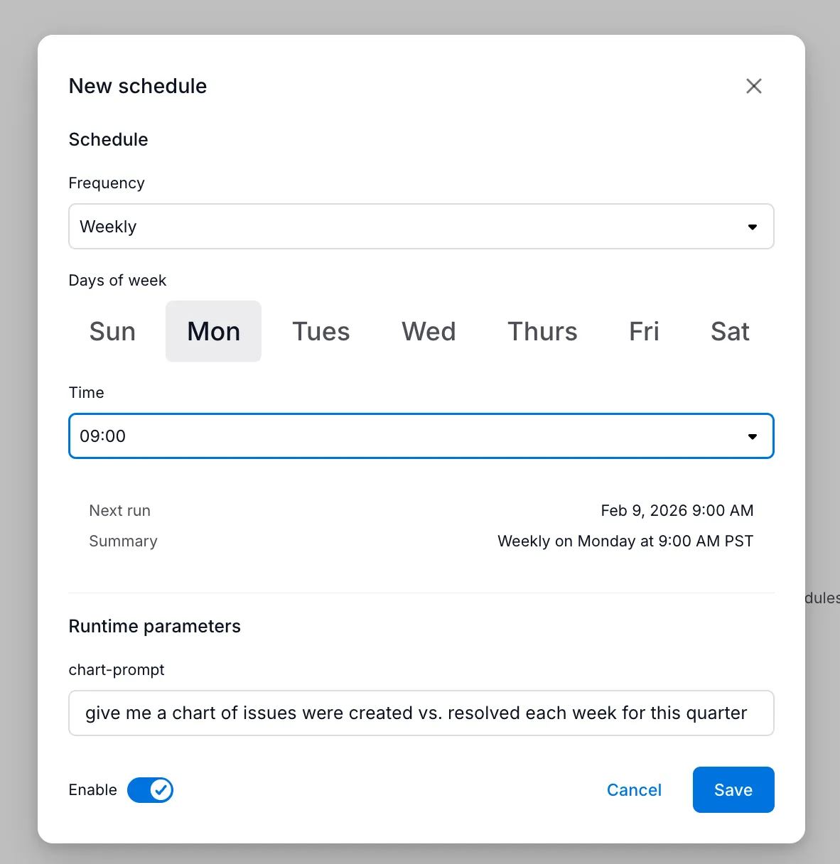 New schedule dialog with configuration options