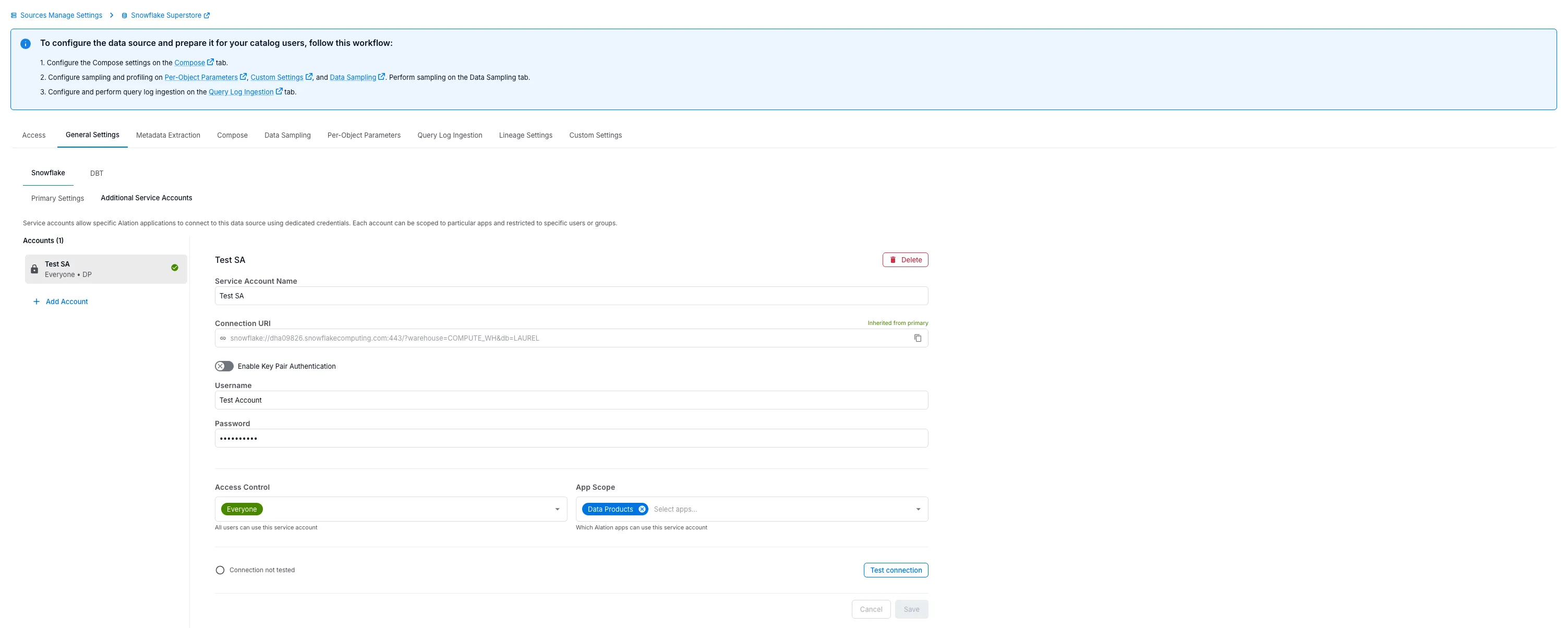 Additional Service Accounts page showing a service account with App Scope set to Data Products