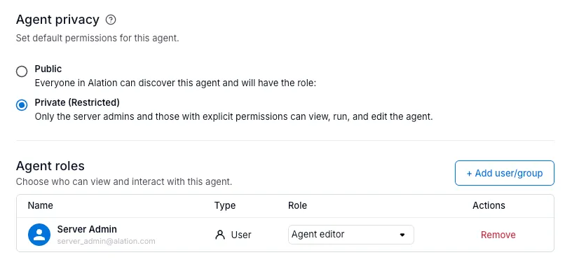 Agent Access tab with the Agent privacy and Agent roles sections