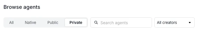 Browse agents view with All, Native, Public, and Private filter tabs, search, and creator filter