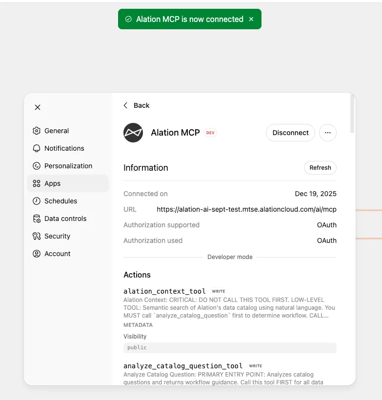 Connected app showing tools