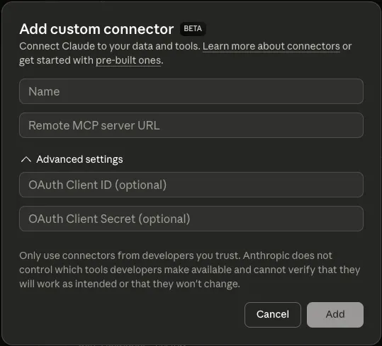 Add custom connector dialog