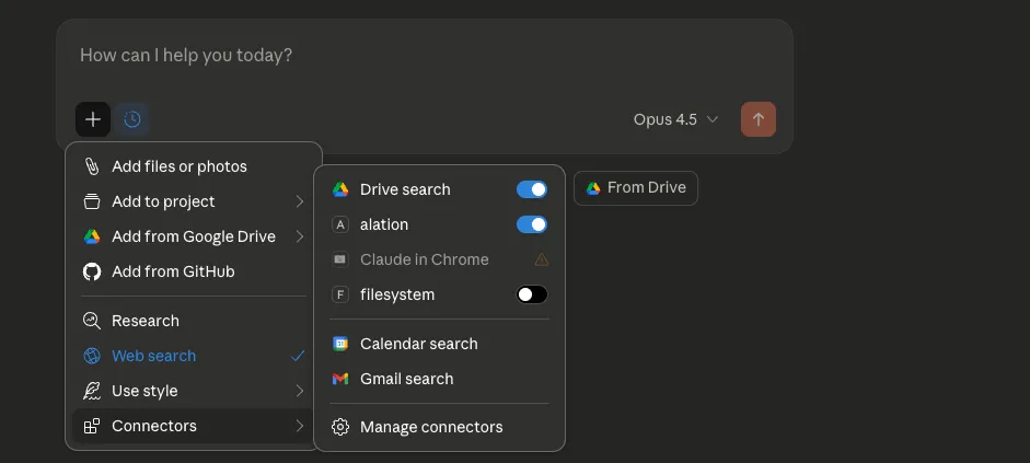 Connectors menu showing Alation toggle