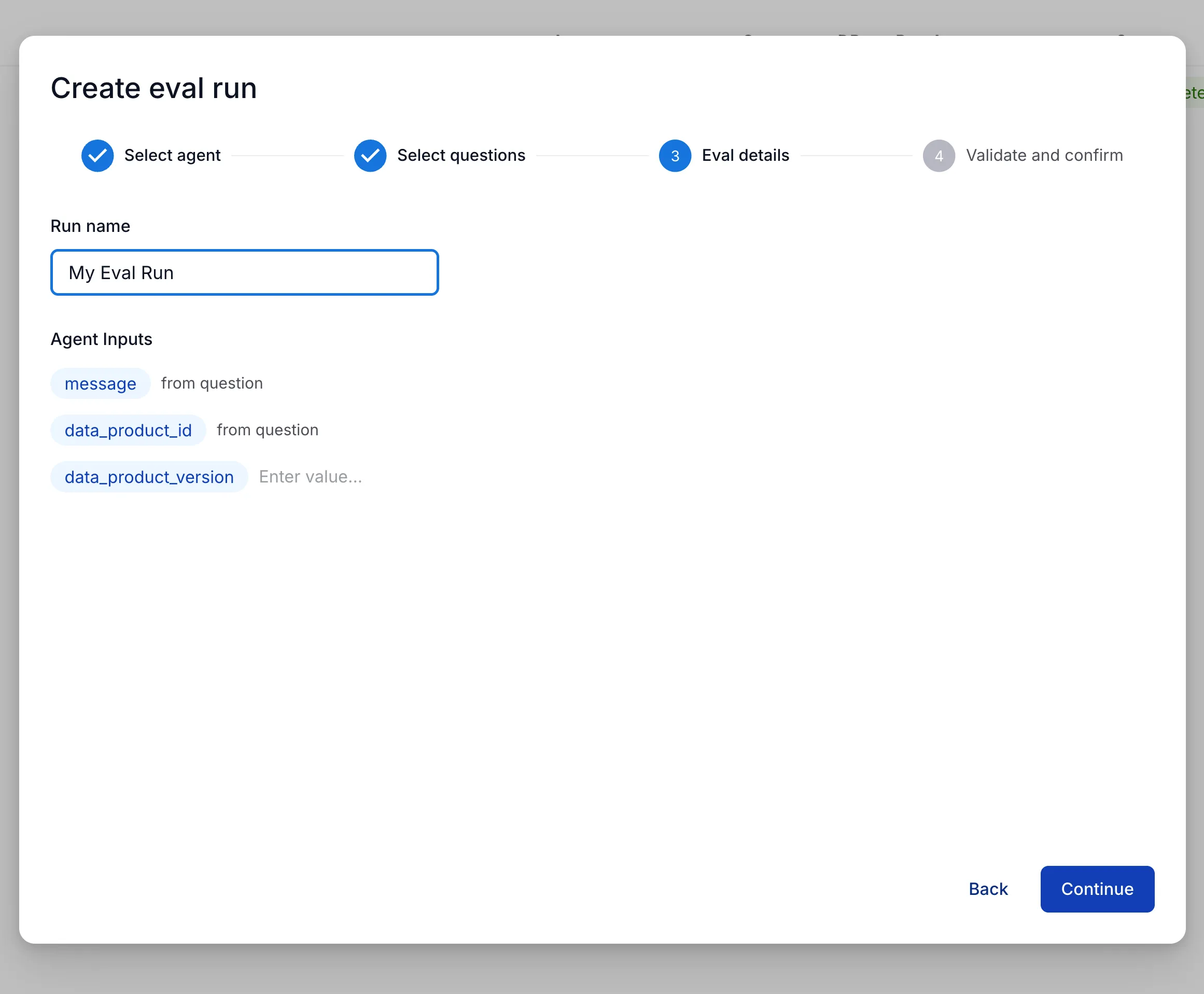 Configure input parameters for evaluation