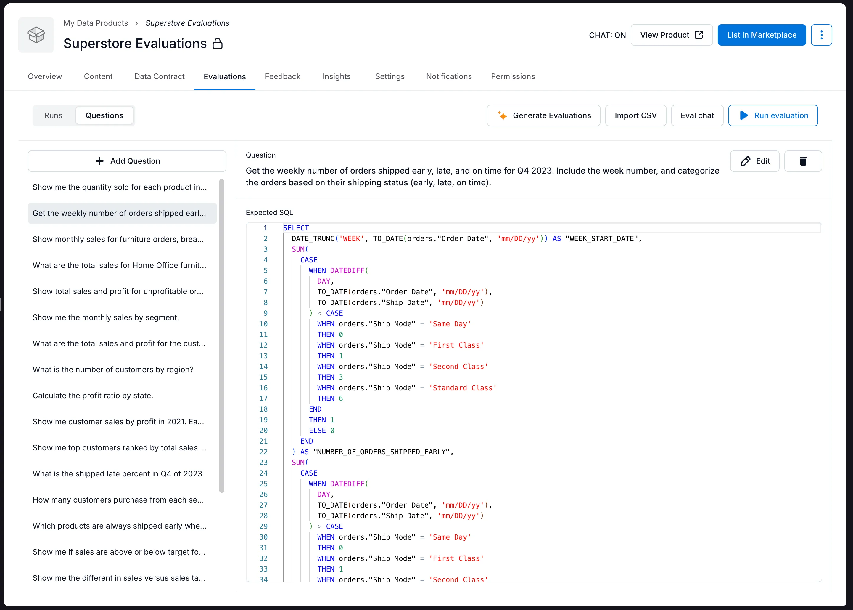 The Questions view for a data product evaluation set, showing evaluation questions and the expected SQL for the selected question