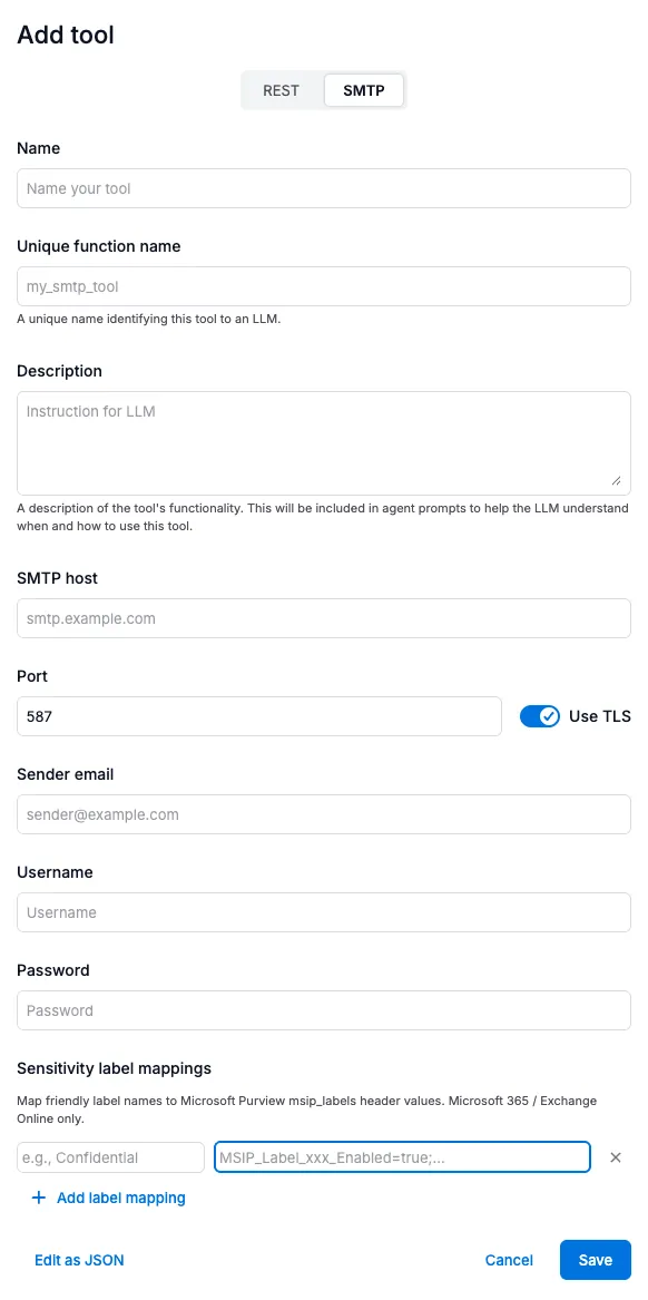 Sensitivity label mappings configuration in the SMTP tool form