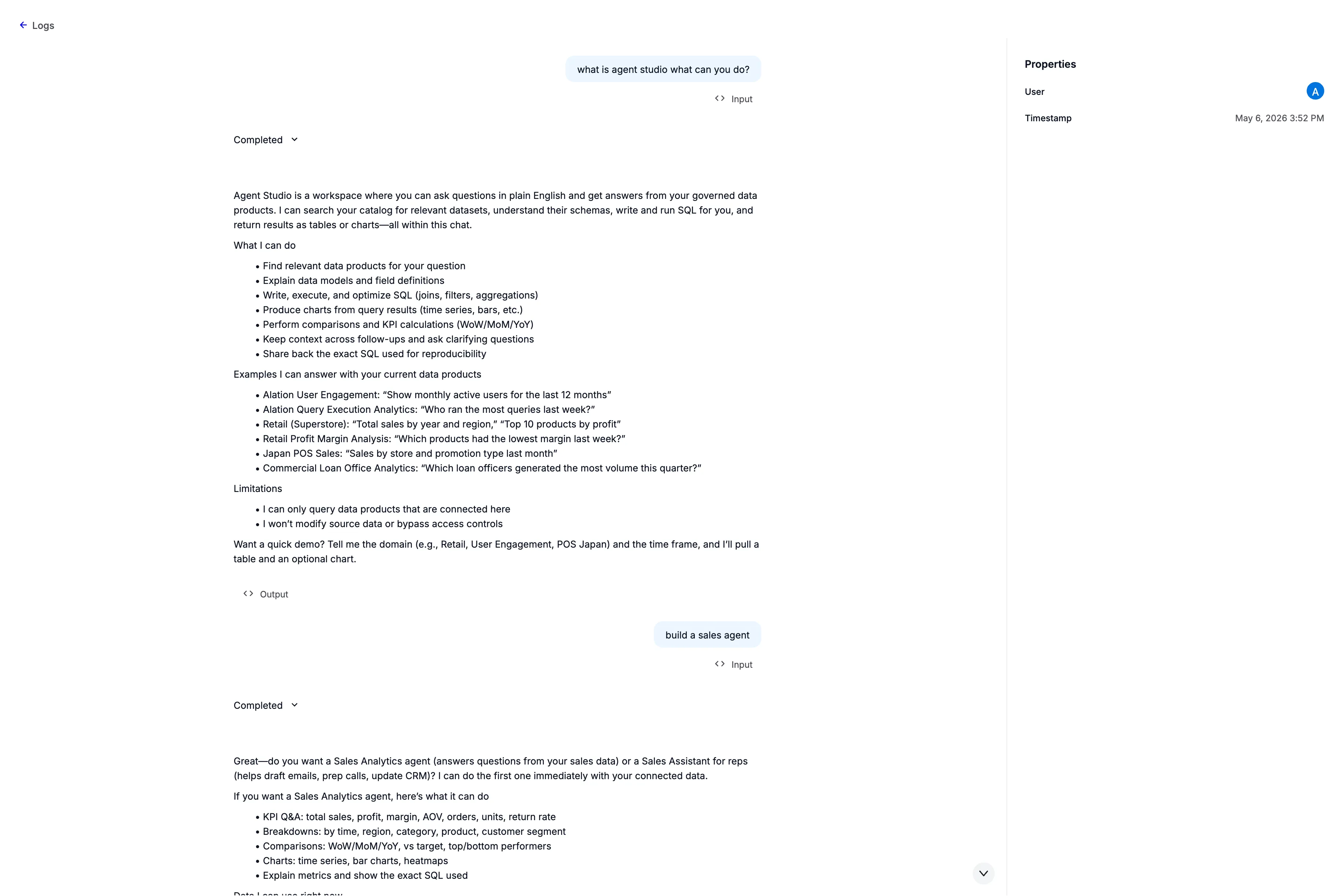 Expanded log entry showing the user query and full AI response
