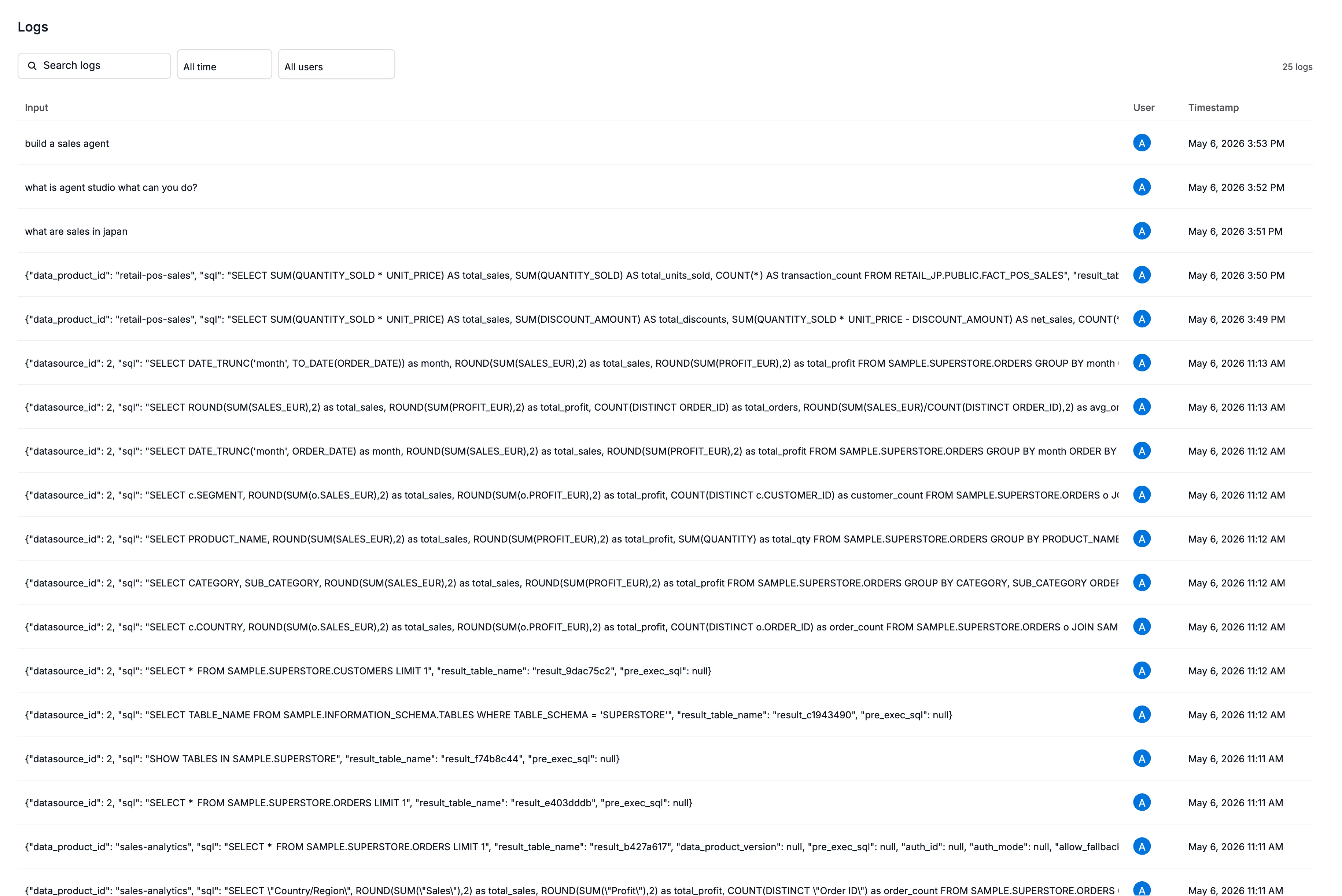 Logs list view showing user inputs, timestamps, and user columns