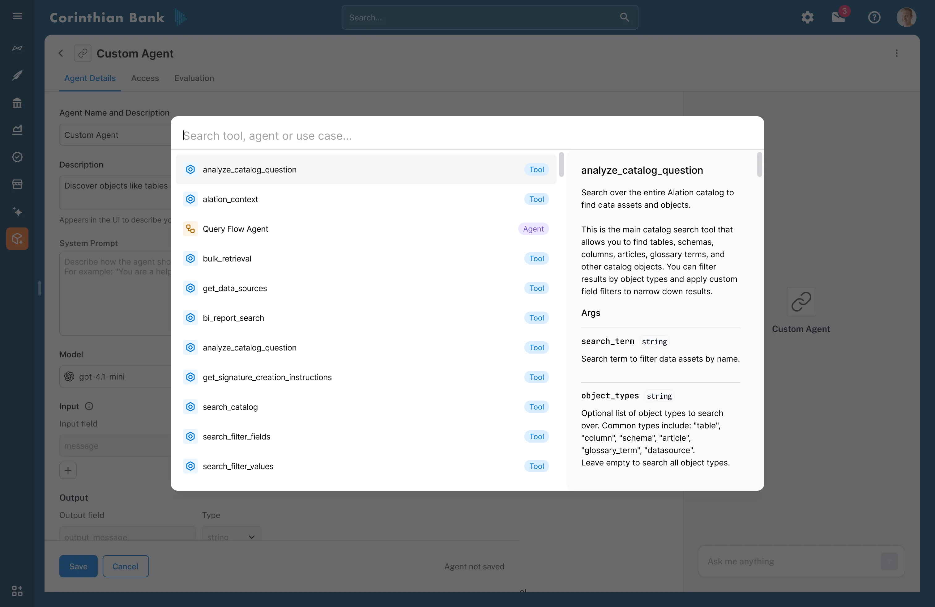 Tool definition showing instructions, inputs, and outputs